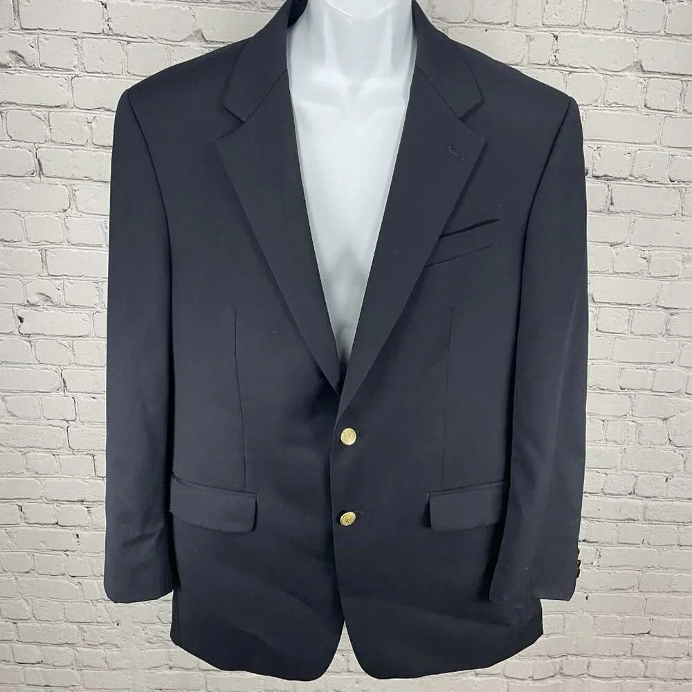 Chaps Navy 100% Wool 2 Gold Button Vented Notch Blazer Sport Coat Size 42L